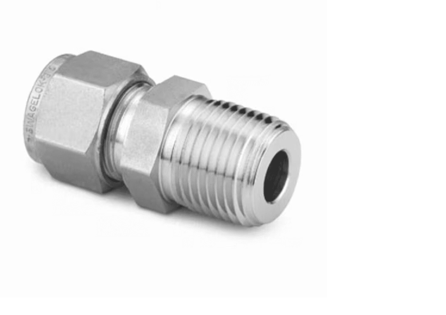 Stainless Steel Swagelok Tube Fitting, Bored-Through Male Connector, 10 mm Tube OD x 1/2 in. Male ISO Tapered Thread.  SS-10M0-1-8RTBT