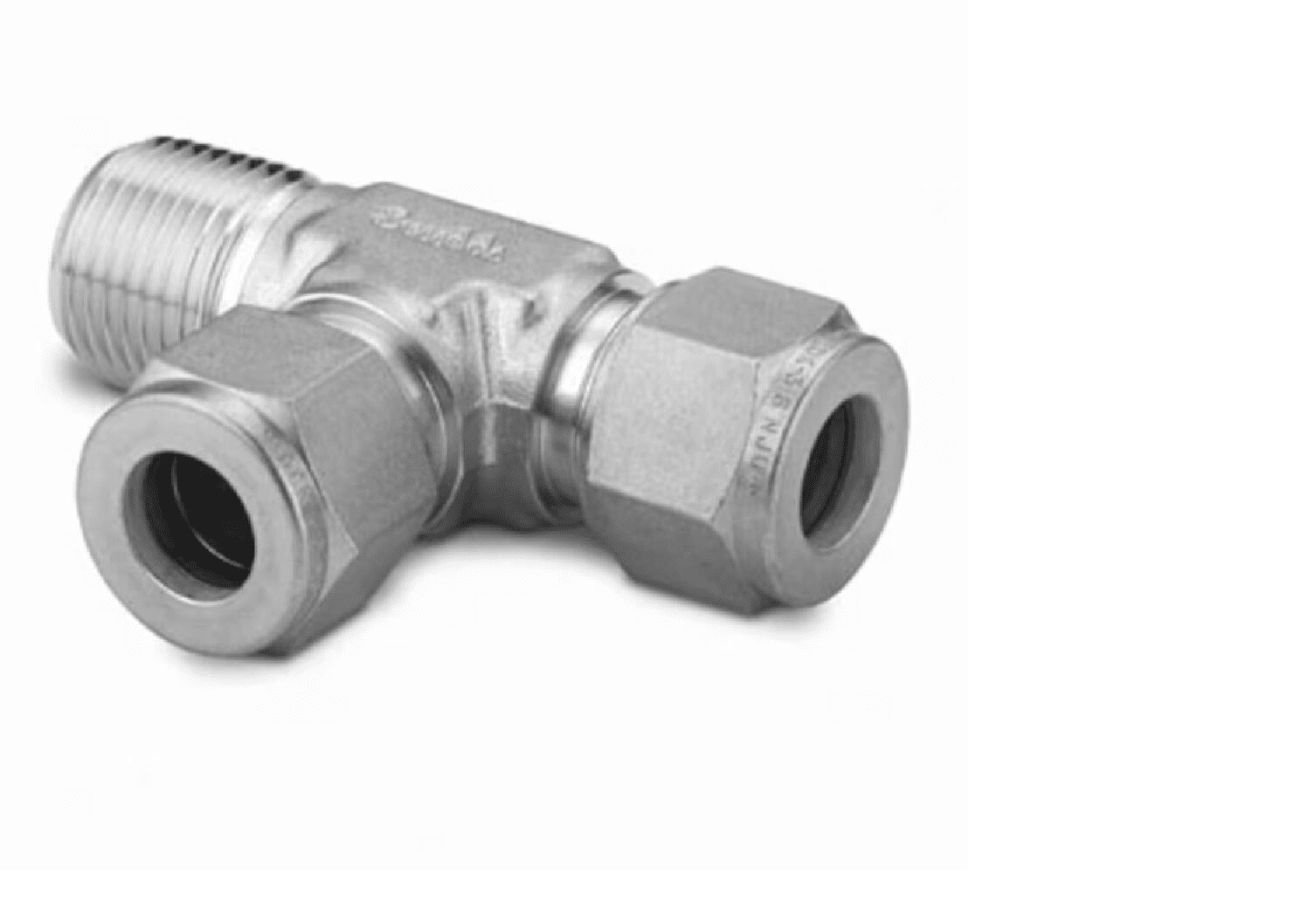 Stainless Steel Swagelok Tube Fitting, Male Run Tee, 10 mm Tube OD x 1/4 in. Male NPT x 10 mm Tube OD.  SS-10M0-3TMT
