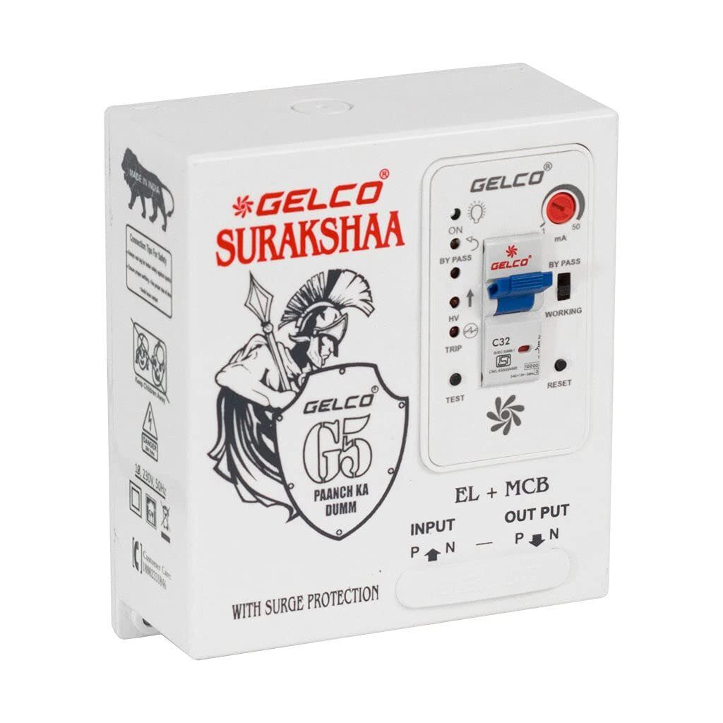 GELCO Suraksha Power Protection Board 230V 63A Image of GELCO Suraksha power protection board with 63A load, MCB, overvoltage and leakage current features