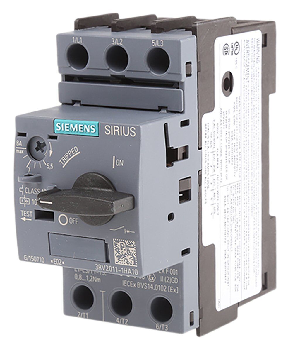 Image of Siemens 3RV2011-1HA10 motor protection breaker, 5.5–8 A, size S00