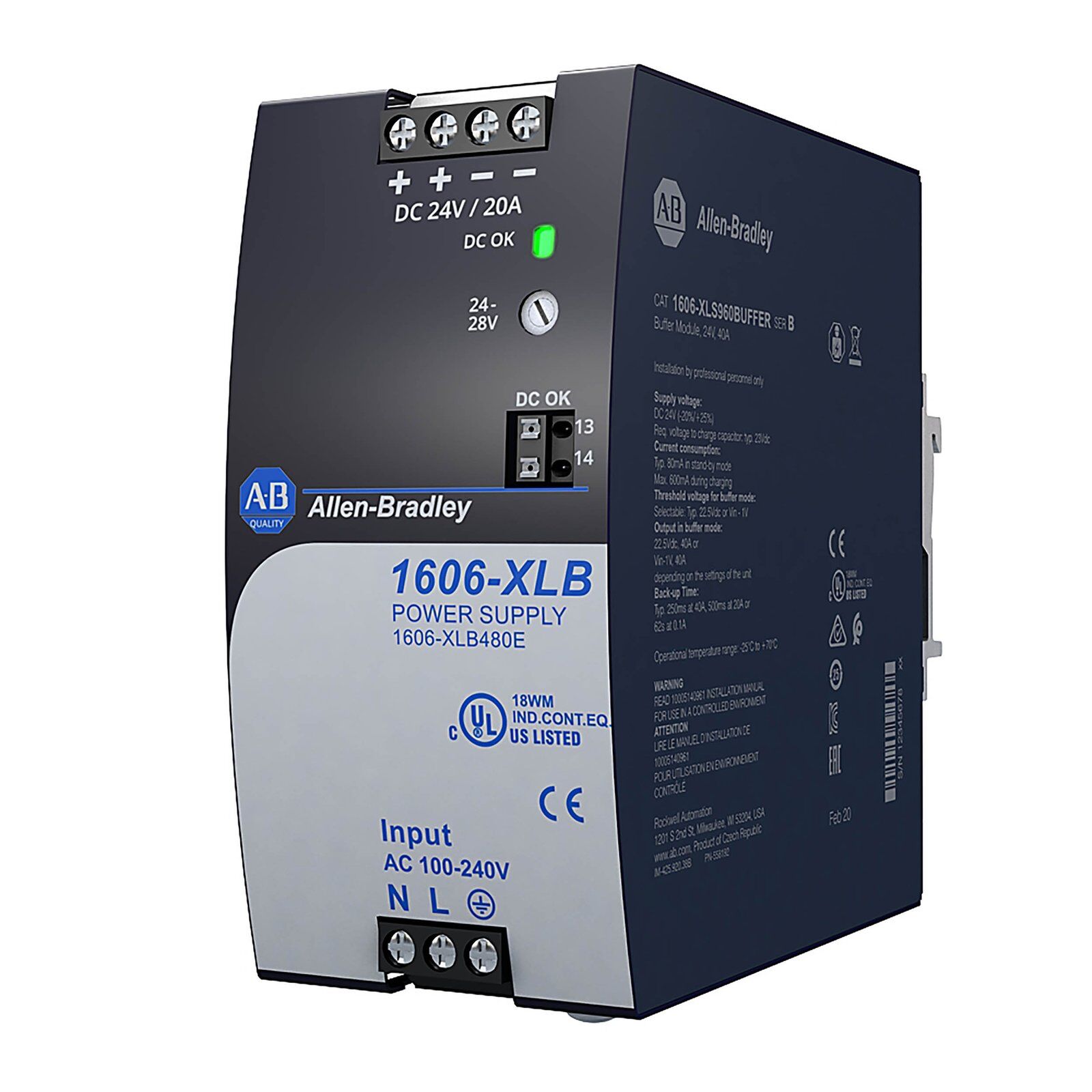Allen Bradley 1606-XL480E 480W Switched Mode Power Supply Allen Bradley 1606-XL480E Switched Mode DIN Rail Power Supply 24VDC 20A