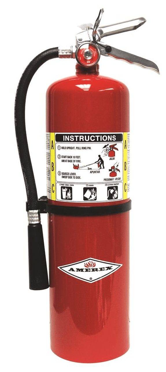 The Amerex B456 is a 10 lb ABC fire extinguisher suitable for use on Class A, B, and C fires. This multi-purpose extinguisher is ideal for various environments including homes, businesses, office buildings, and vehicles. It utilizes a specially fluidized and siliconized mono ammonium phosphate dry chemical, which is effective for insulating Class A fires, smothering Class B fires, and is non-conductive to electricity. The extinguisher features a durable, high-gloss polyester powder paint finish and is designed for easy maintenance and service.