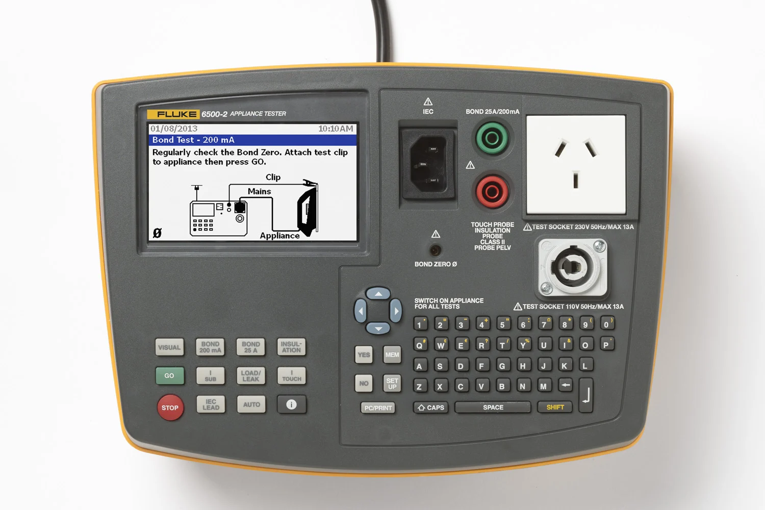 Image of Fluke Portable Appliance Tester 6500-2 with backlit display and detachable test leads