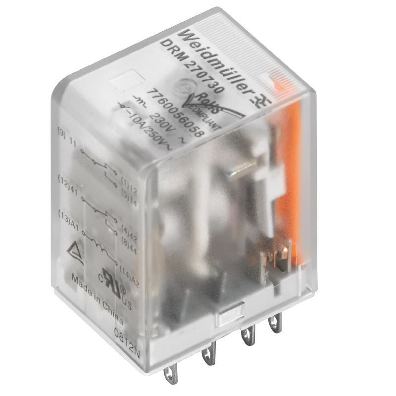 Image of Weidmüller DRM570024LD relay, part number 7760056105, showing 4CO contacts and 24V DC rating