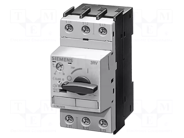 Siemens 3RV1021-1FA10 Motor Protection Circuit Breaker Image of Siemens 3RV1021-1FA10 motor protection circuit breaker, 3.5–5 A, size S0